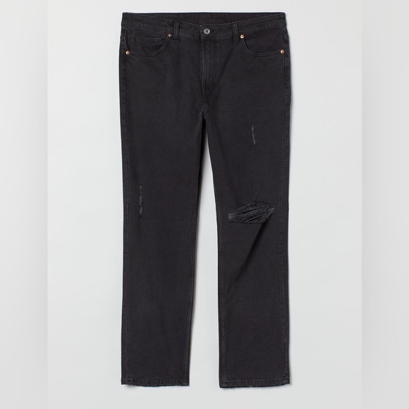 NWT H&M Black Distressed High Waist Vintage Straight Jeans Faded Women’s size 4 - Picture 1 of 11
